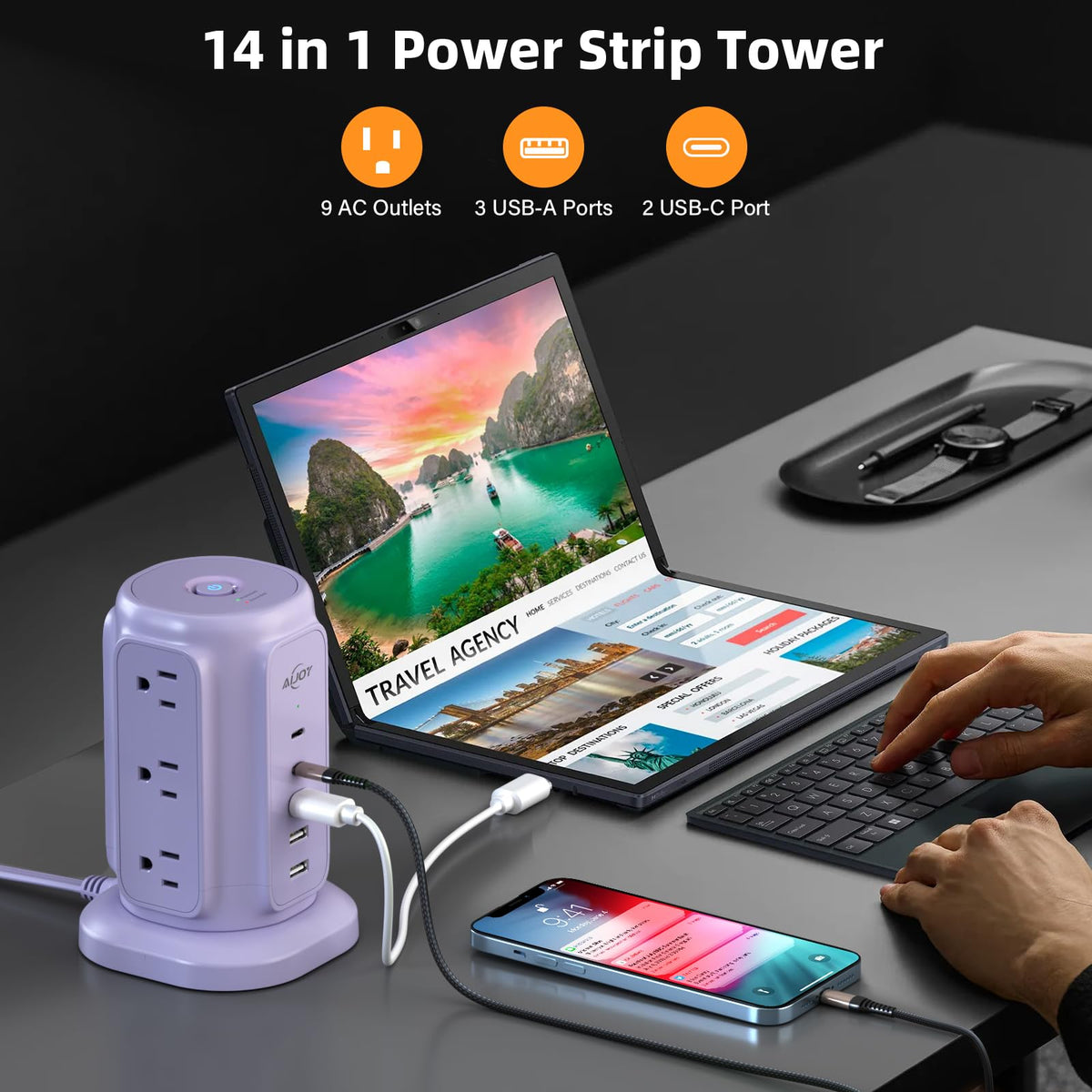 AiJoy flat plug and thin 6.5-foot cord tucked behind furniture for neat setup