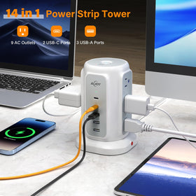 AiJoy power strip tower featuring five USB ports for fast device recharging.