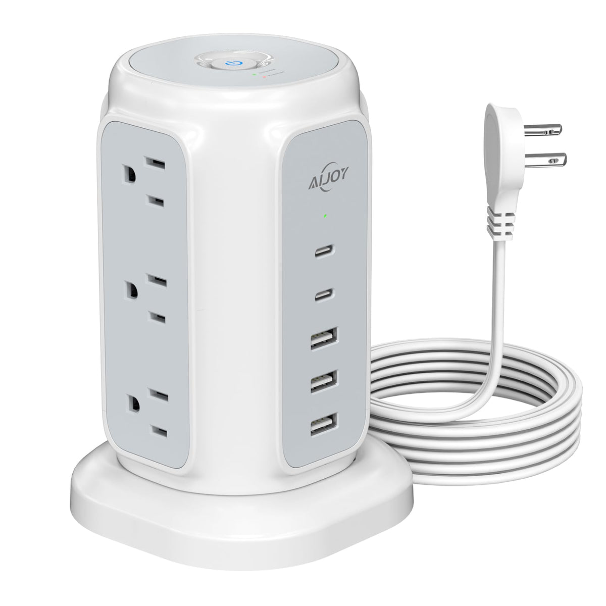 AiJoy flat plug power strip tower with nine outlets for organized charging.