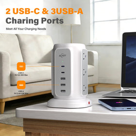 AiJoy power strip tower with angled plug reduces outlet blockage for easy access.