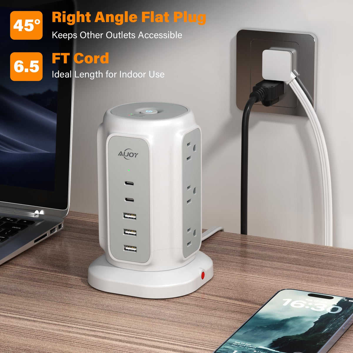 AiJoy surge-protected strip highlights 1200J protection for electronics safety.