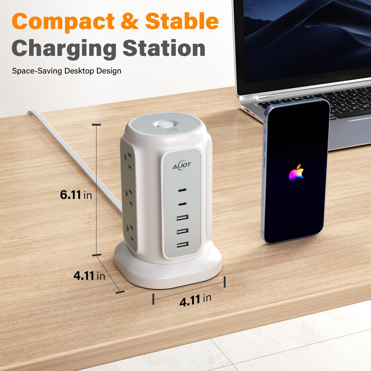 AiJoy power strip tower with USB-C fast charging supports multiple devices.