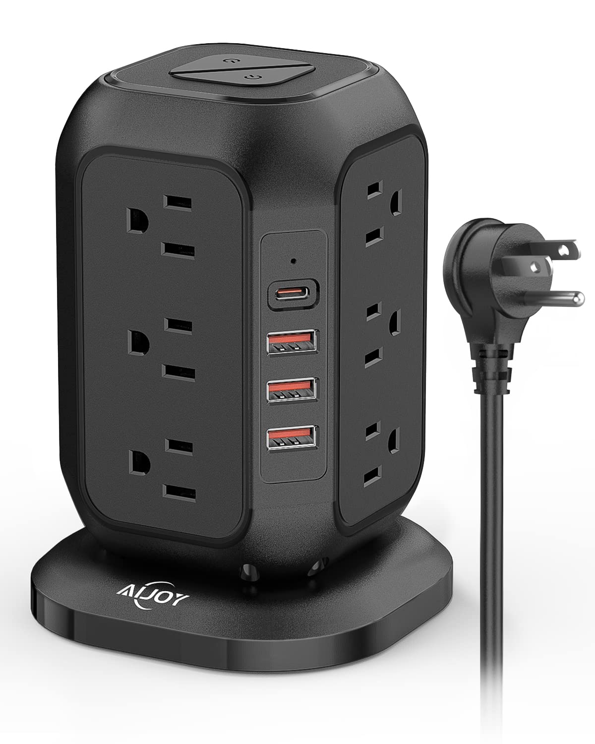 AiJoy front view of tower showing 12 outlets and 4 USB ports for organized charging