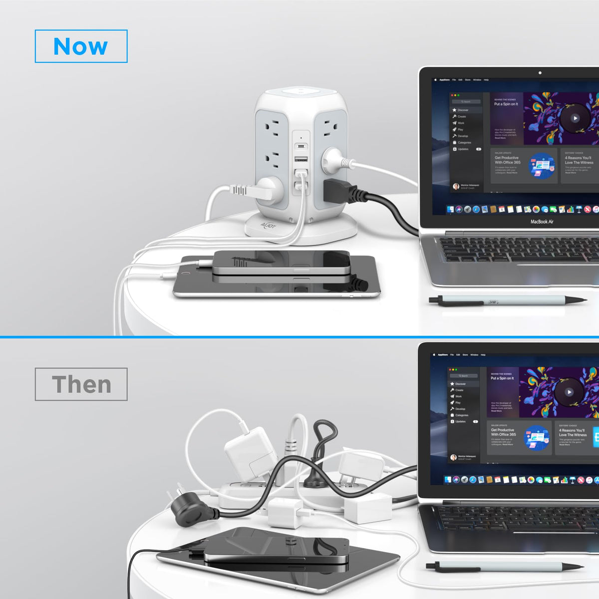 AiJoy ports in use charging multiple devices simultaneously, keeps workspace tidy