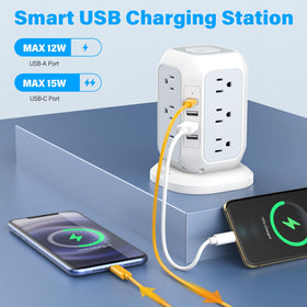 AiJoy side outlets detail showing spaced sockets for bulky adapters, prevents blocking