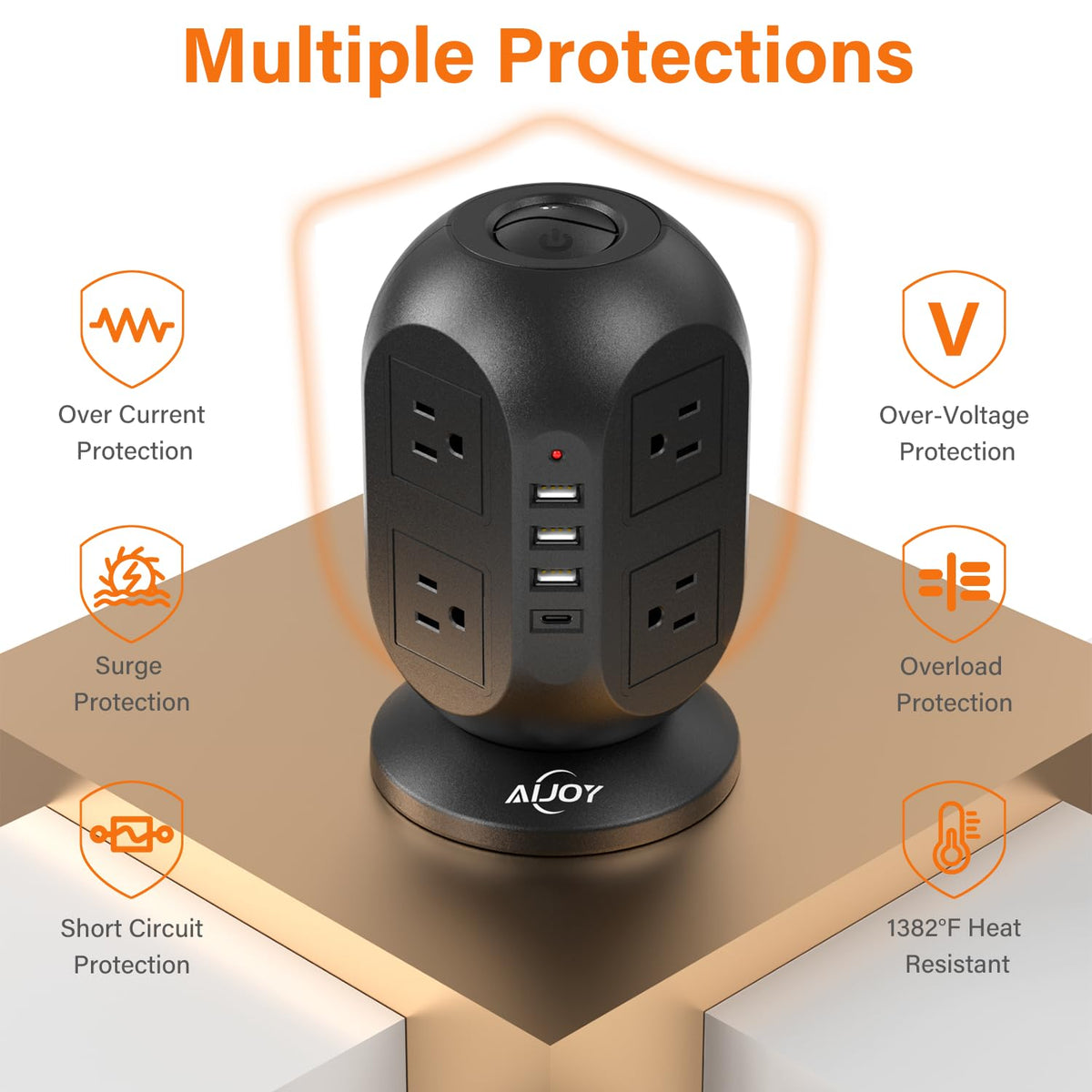 AiJoy Tower 45-degree right-angle plug fits tight spaces behind furniture