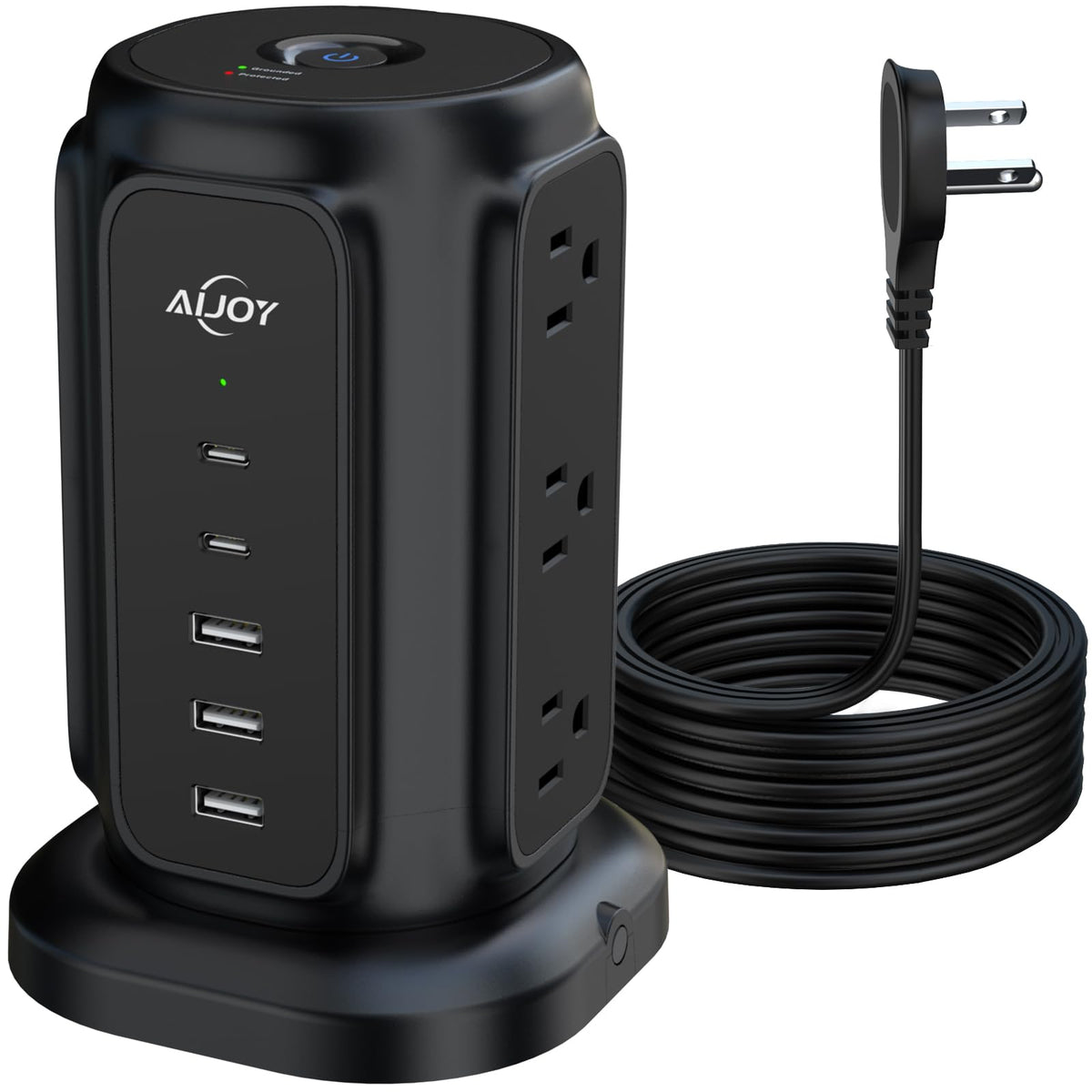 AiJoy tower front view showing outlets and USB ports for organized charging