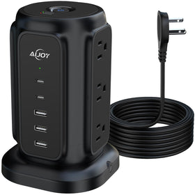 AiJoy tower front view showing outlets and USB ports for organized charging