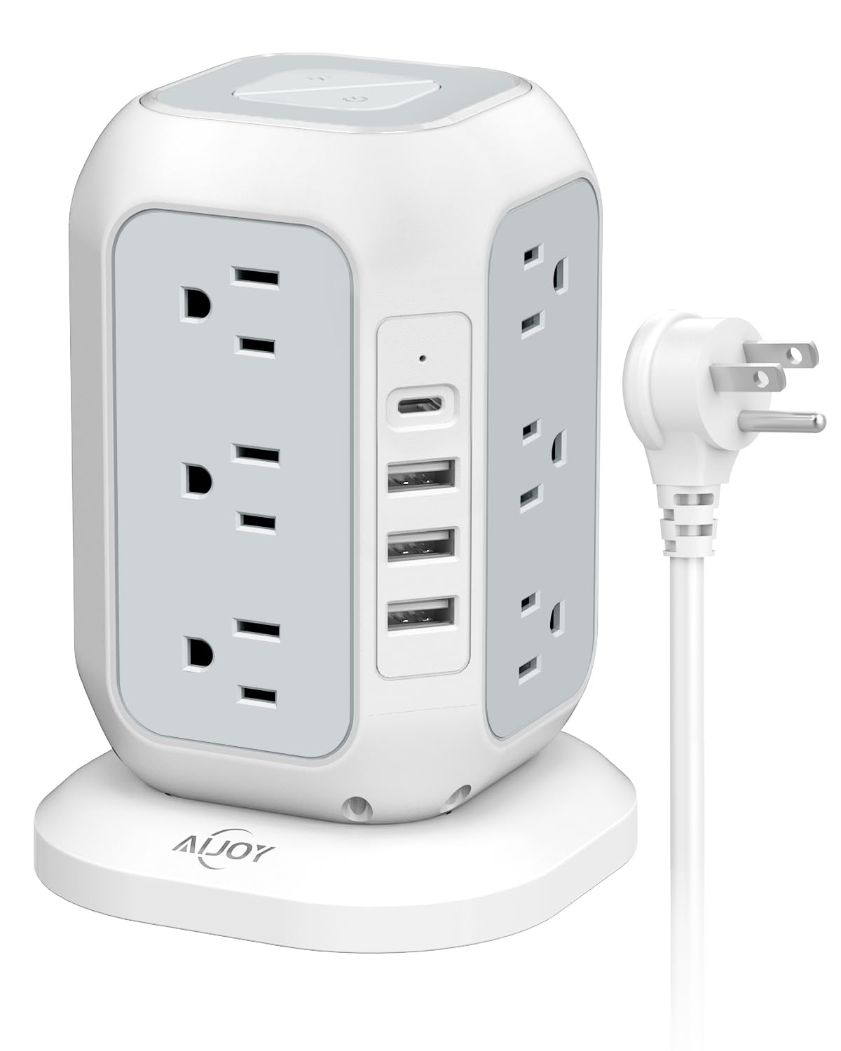 AiJoy tower front view showing all outlets and switches, organizes devices efficiently