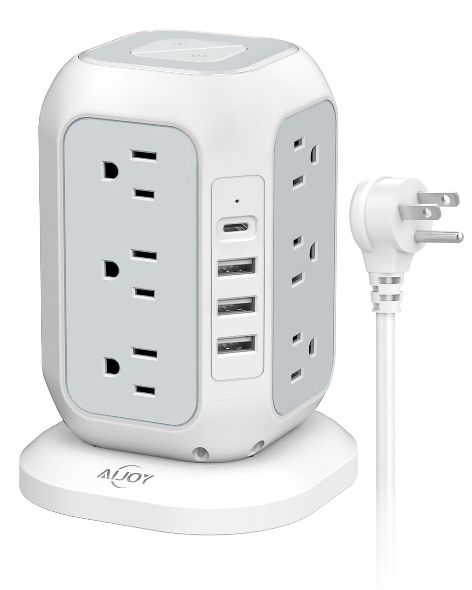 AiJoy tower front view showing all outlets and switches, organizes devices efficiently