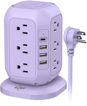 AiJoy tower front view showing outlets and compact vertical design for saving space