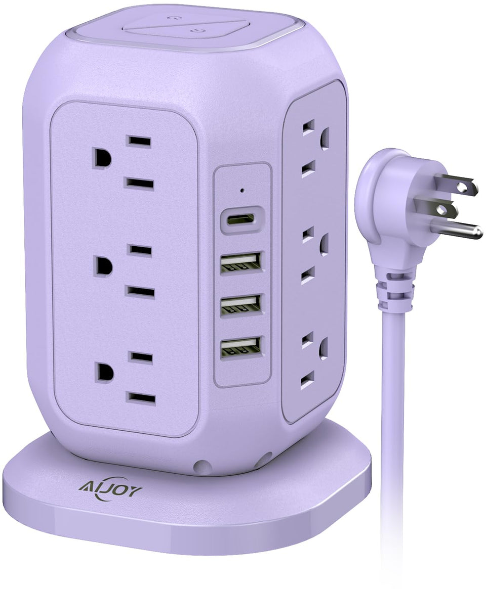 AiJoy tower front view showing outlets and compact vertical design for saving space