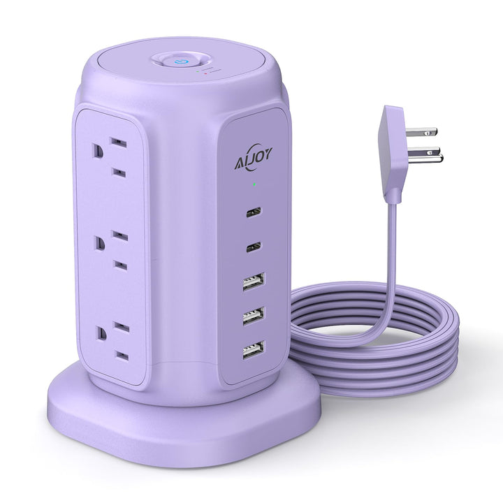 AiJoy tower front view showing outlets and vertical design for space saving