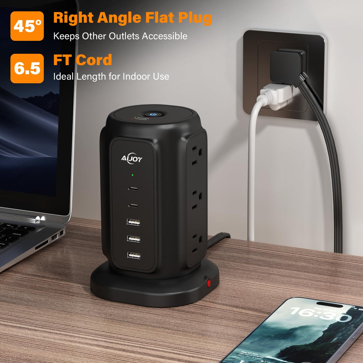 AiJoy tower powering multiple devices in a home office for tidy setup