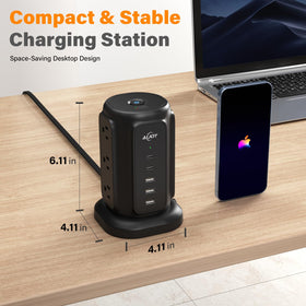 AiJoy tower on desk next to laptop for scale and convenient charging
