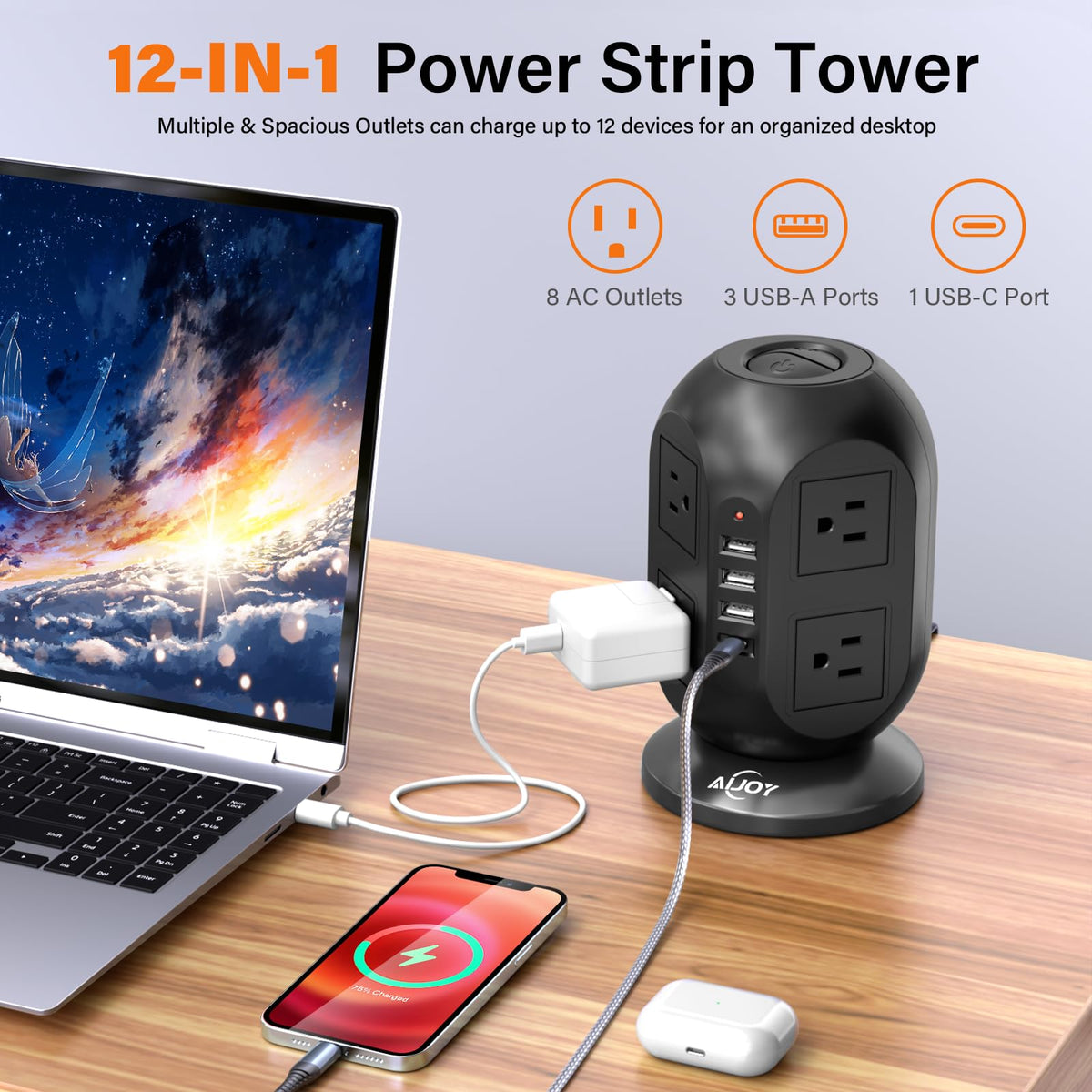 AiJoy Tower four USB ports enable convenient charging for phones and tablets