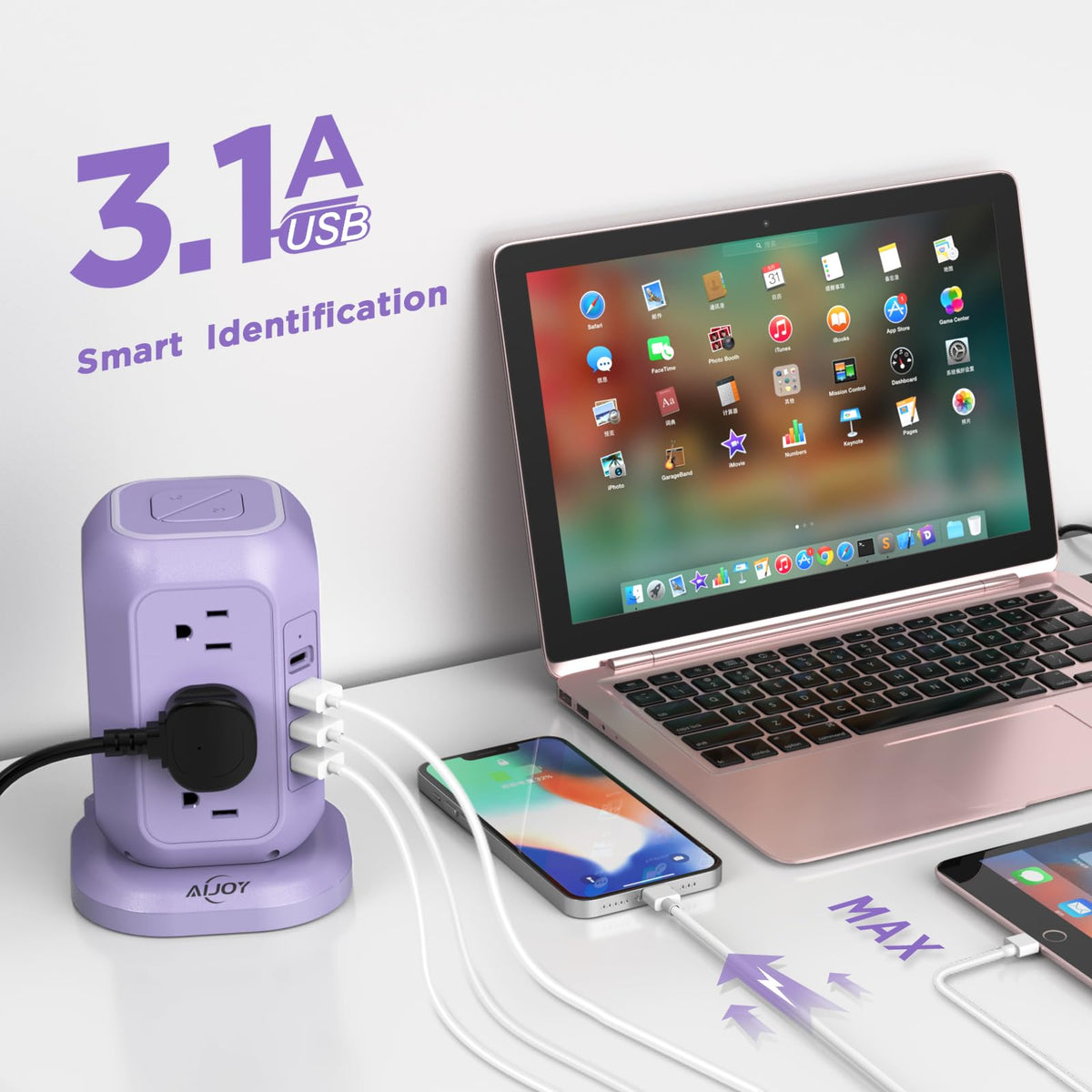 AiJoy USB ports closeup highlighting USB-C and USB-A for fast convenient charging