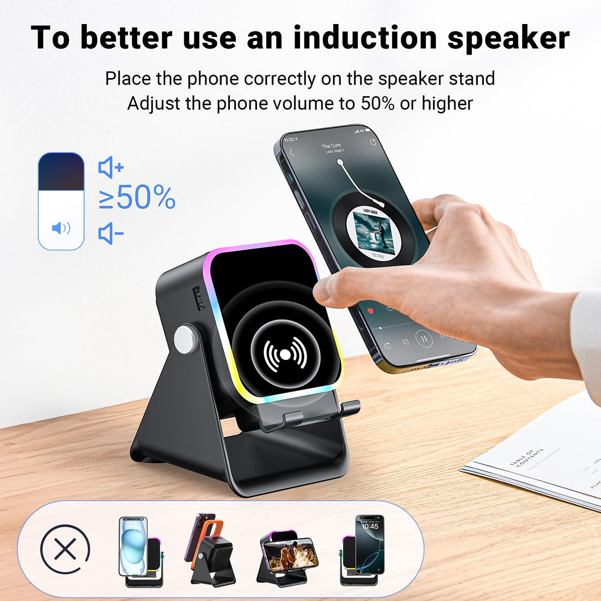 AIKELA charging a smartphone from speaker showing emergency power bank function