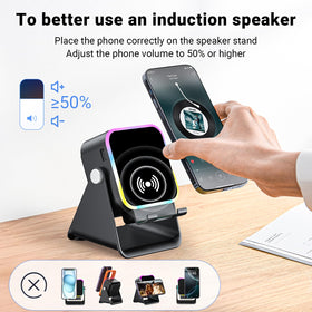 AIKELA charging a smartphone from speaker showing emergency power bank function
