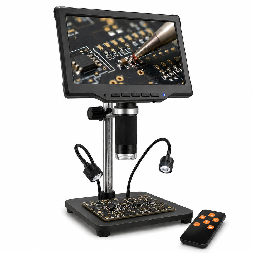 Aikokkl digital microscope with 10.1-inch IPS screen for detailed soldering inspection.