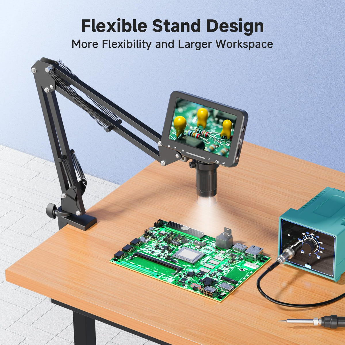 Aikokkl flexible stand microscope positioned for tight-space work