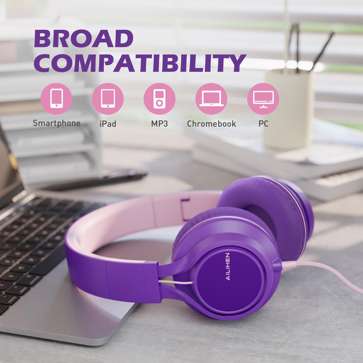 AILIHEN C8 Headphones wide compatibility across laptop, tablet, and Chromebook.