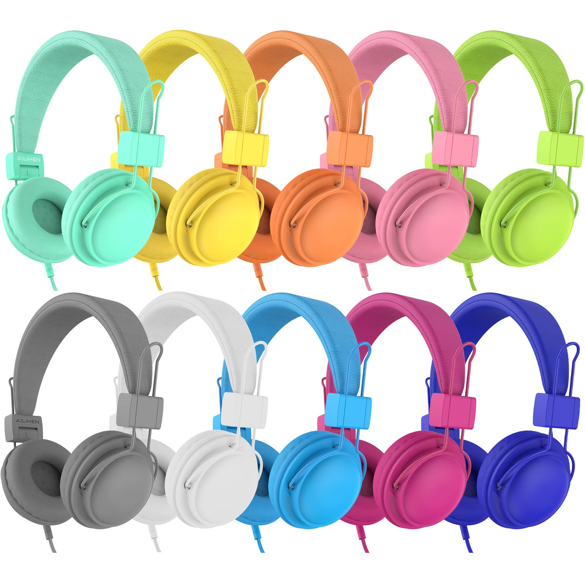 AILIHEN classroom headphones 10-pack in bright colors for classrooms