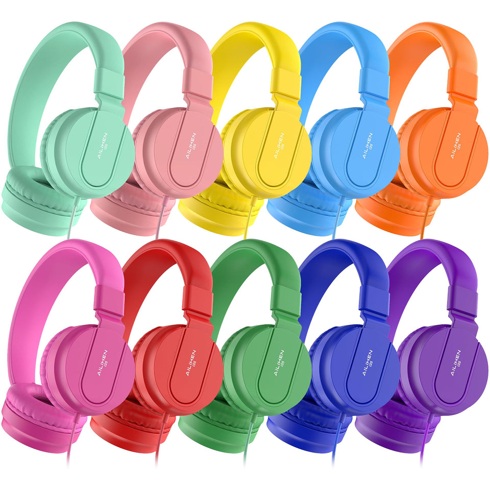 AILIHEN front packaging showing 10-pack classroom headsets and mixed colors for quick setup