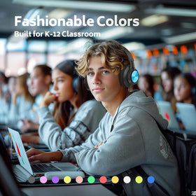 Classroom use scenario showing AILIHEN headphones supporting group activities
