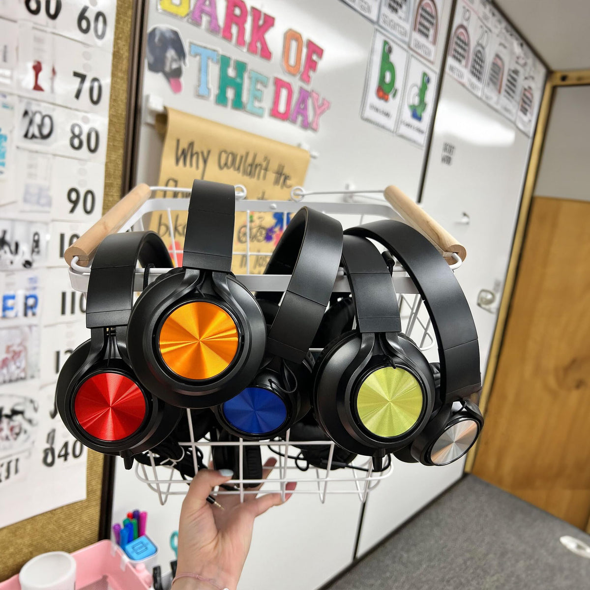 AILIHEN headphones beside school supplies for easy classroom scale