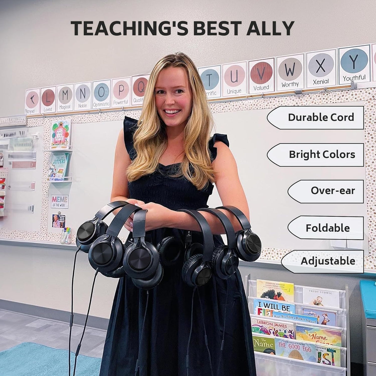 AILIHEN headphones next to a ruler illustrating adjustable size and kid-friendly scale