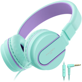 AILIHEN I35 front view headphones in green purple for school listening