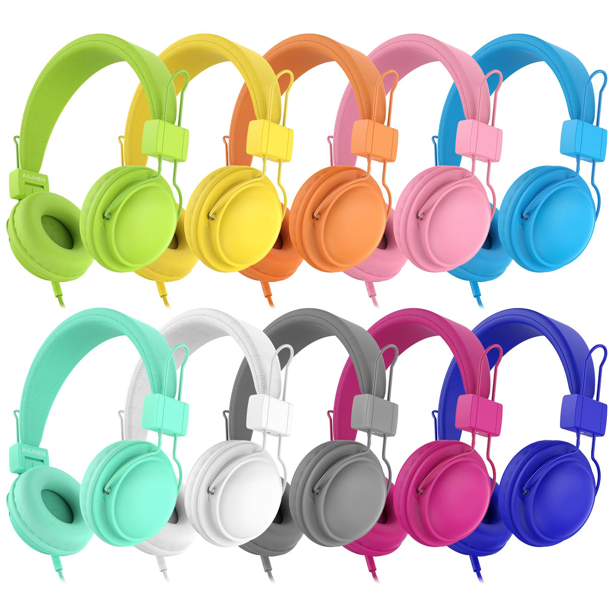 AILIHEN Kids Headphones 20-pack in vibrant colors for classroom grouping.