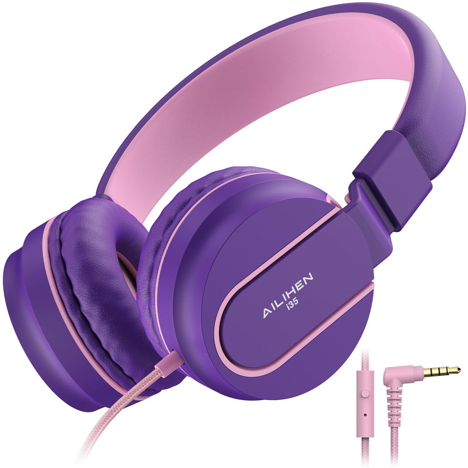 AILIHEN kids on-ear pink purple foldable headphones for travel and classroom use