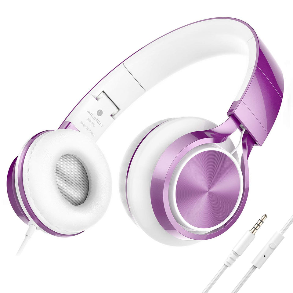AILIHEN MS300 purple girl headphones front view, lightweight design for daily school use