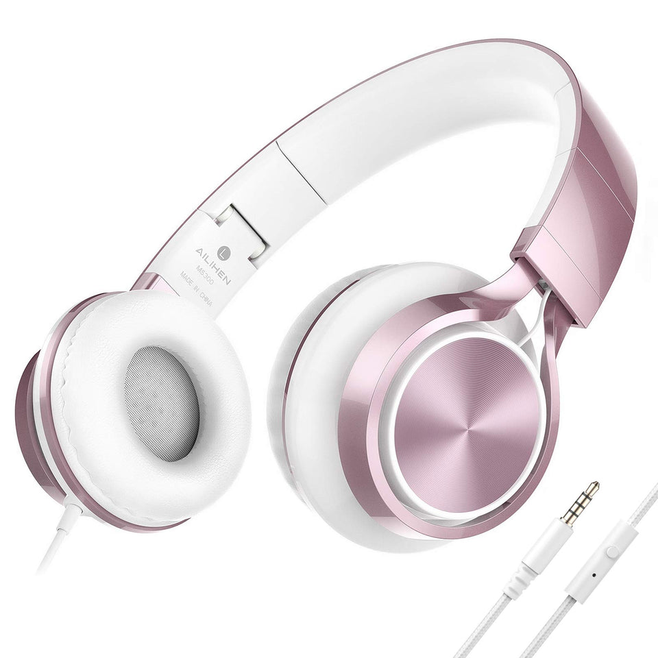 AILIHEN wired headphones with rose-gold coating for stylish classroom use.