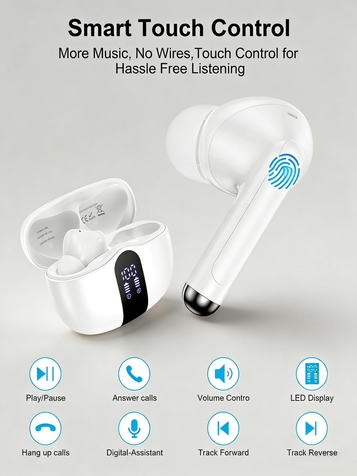 AILKIN charging case open displaying earbuds and dual LED battery indicators