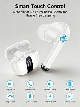 AILKIN charging case open displaying earbuds and dual LED battery indicators