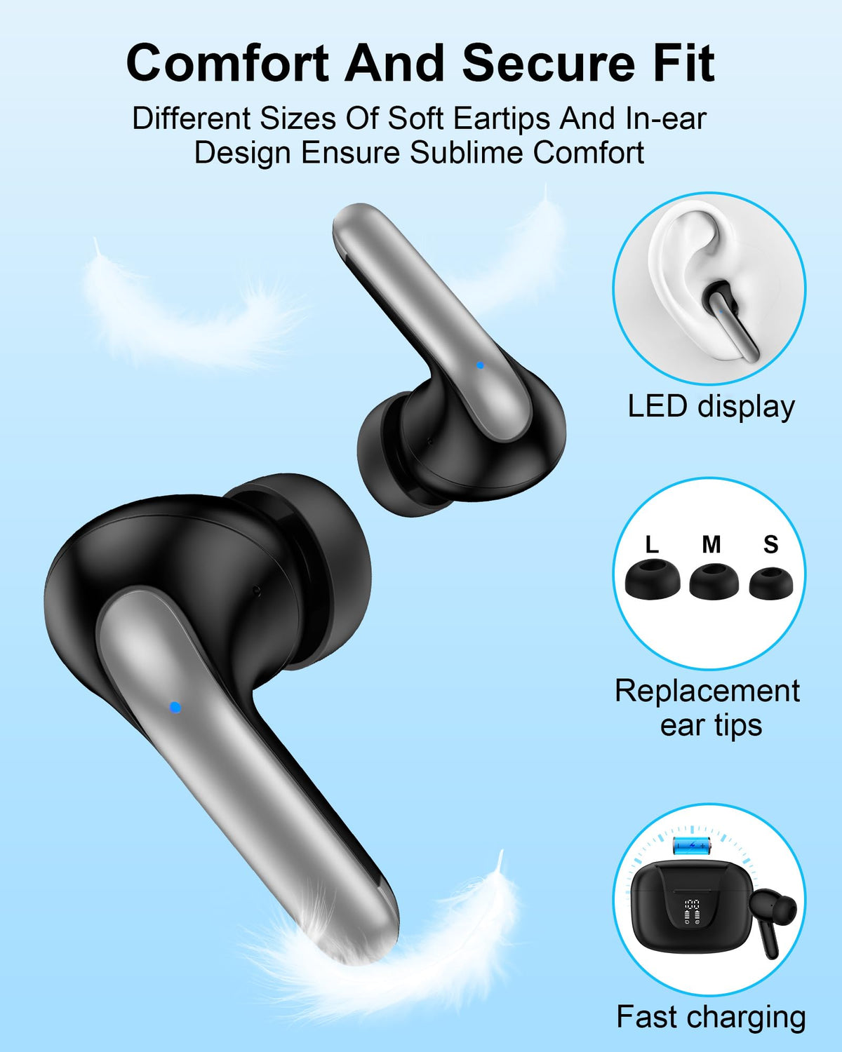 AILKIN Earbuds comfortable, secure fit with IPX7 protection for workouts.