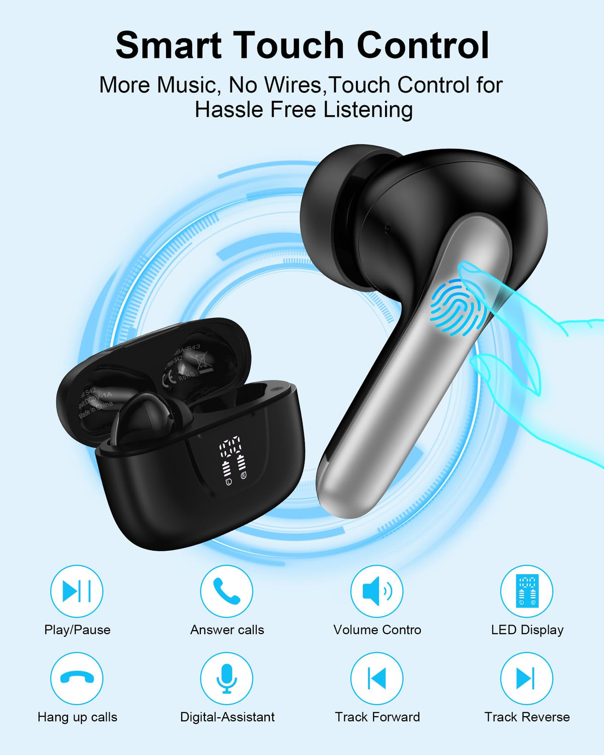 AILKIN Earbuds smart touch with LED display enables quick controls and battery checks.