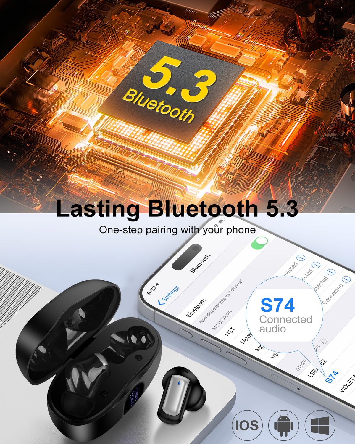 AILKIN S74 earbuds inside case ready for instant pairing.