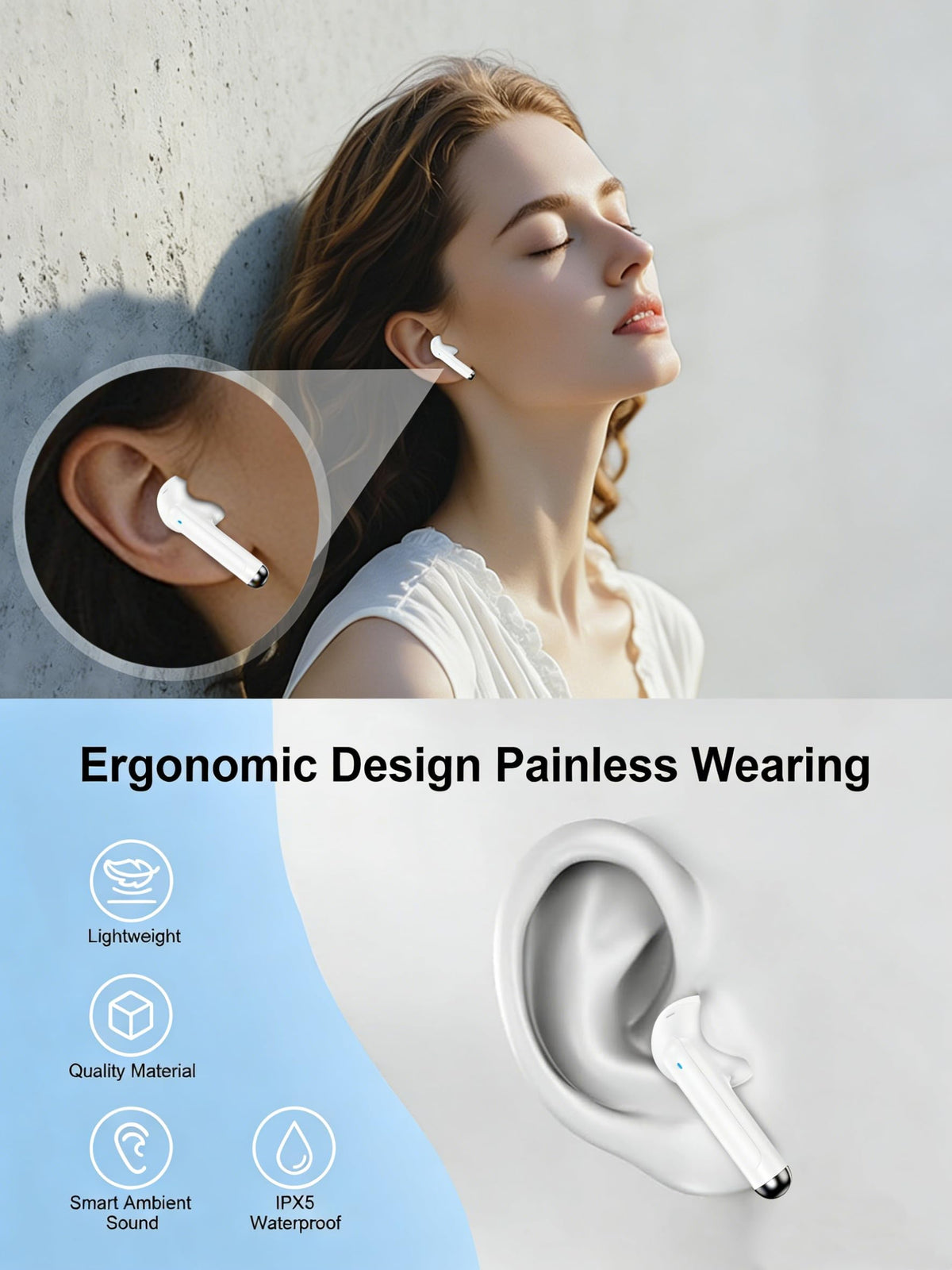 AILKIN earbuds next to smartphone for scale, pocket-friendly portability benefit
