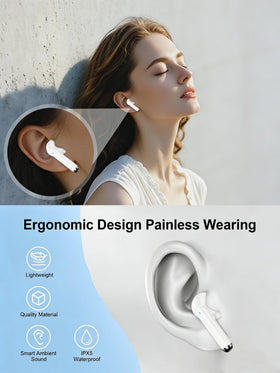 AILKIN earbuds next to smartphone for scale, pocket-friendly portability benefit