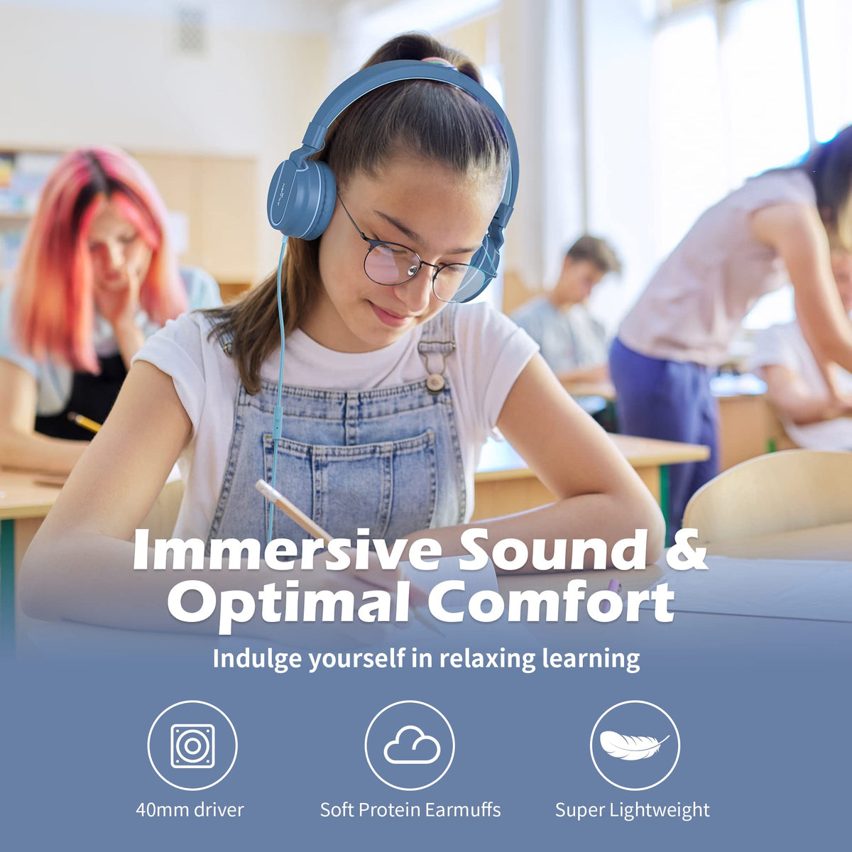 AILIHEN I35 blue on-ear kids headphones with comfortable fit