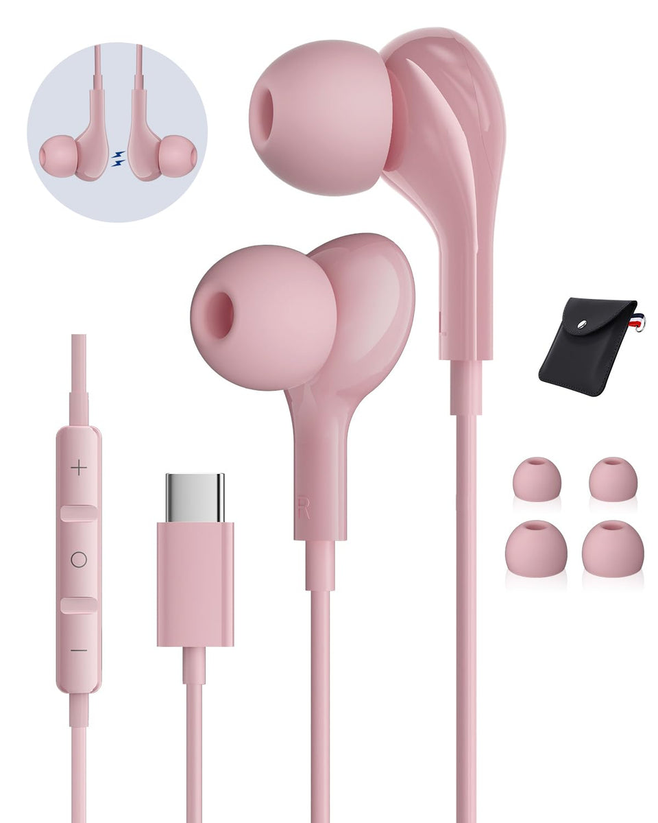 AILZPXX USB C headphones pink front view with magnetic in-ear design for daily use.