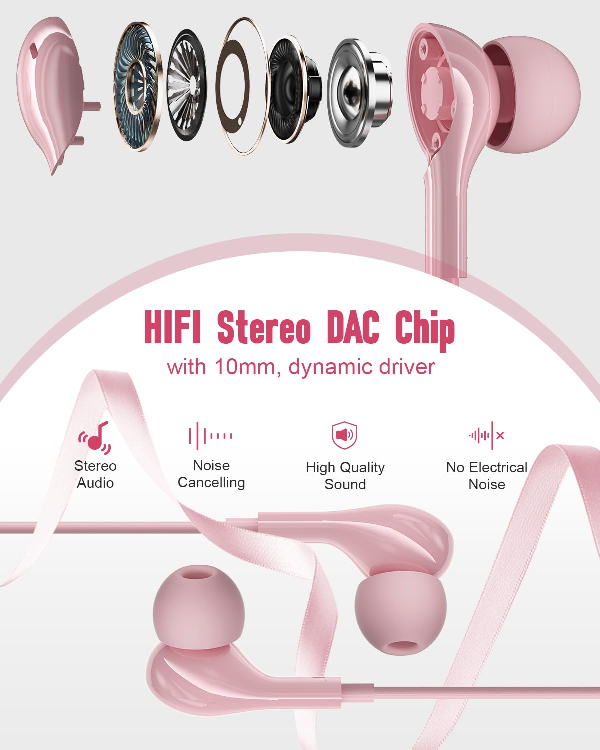 AILZPXX USB C headphones pink mic controls close-up for calls and playback.