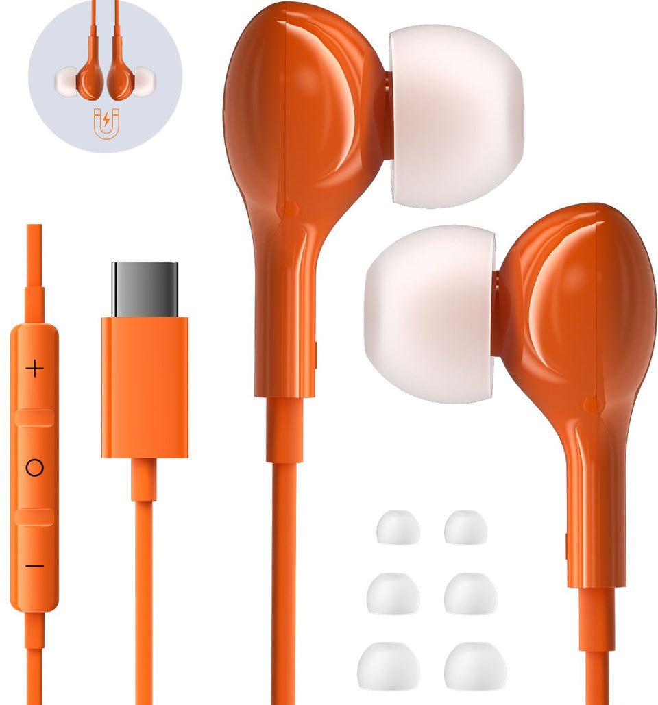 AILZPXX wired USB-C earbuds showing broad compatibility with Type-C devices for easy pairing.
