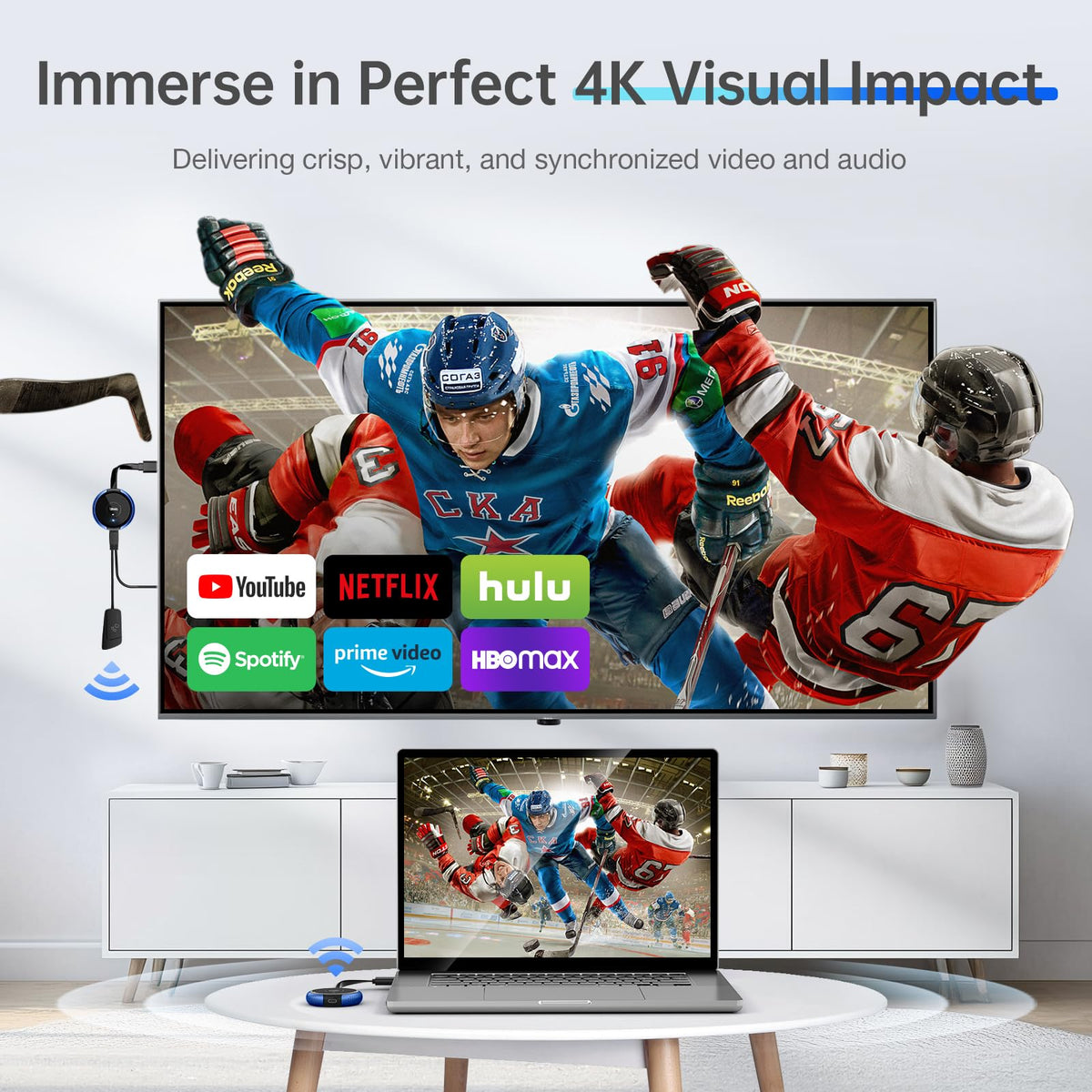 AIMIBO 4K video output delivering crisp visuals to a large screen.
