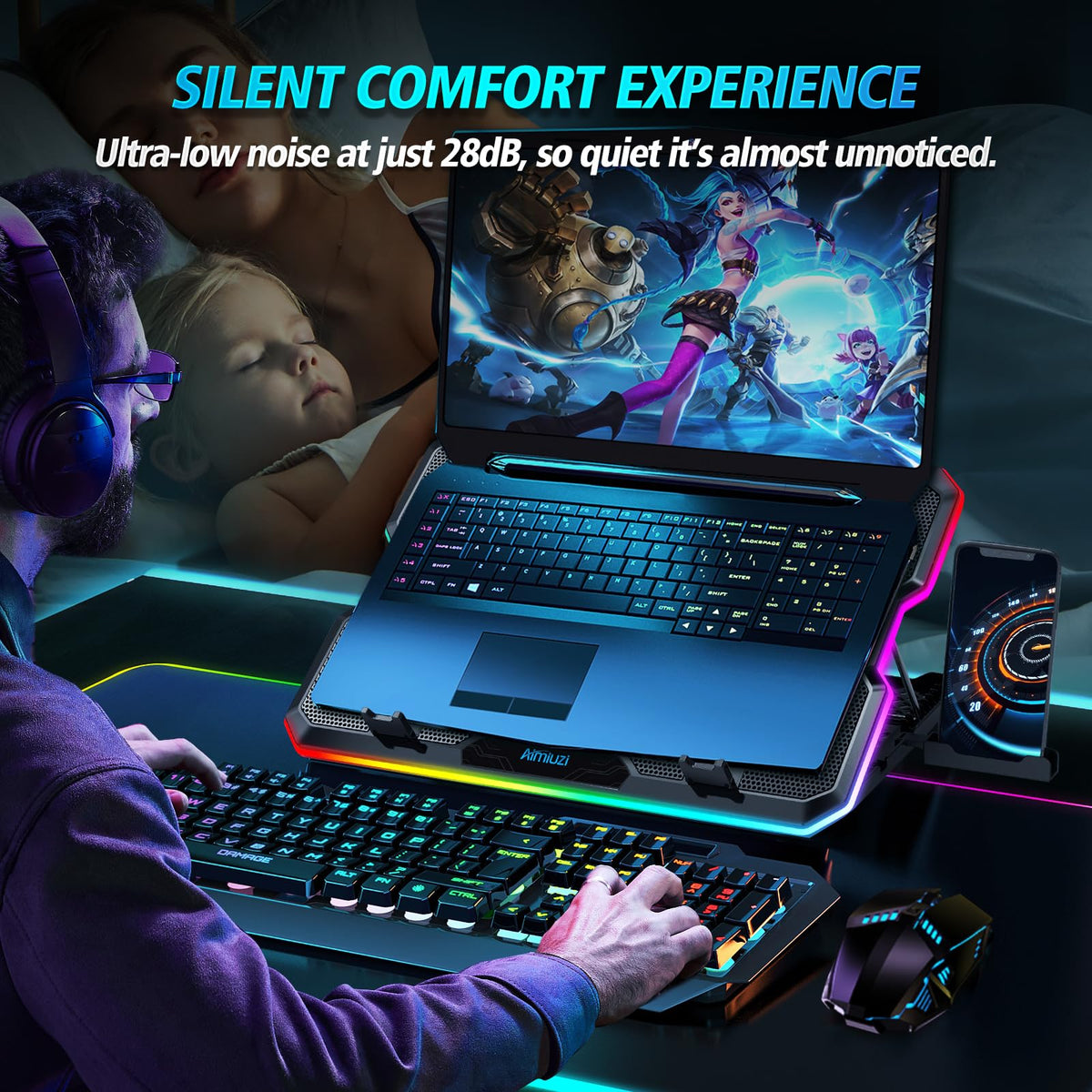 AIMIUZI cooling pad with dual USB ports powering the fan and connected devices