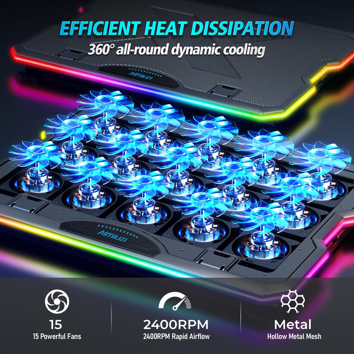 AIMIUZI cooling pad top view showing 7-height adjustable stand for ergonomic use